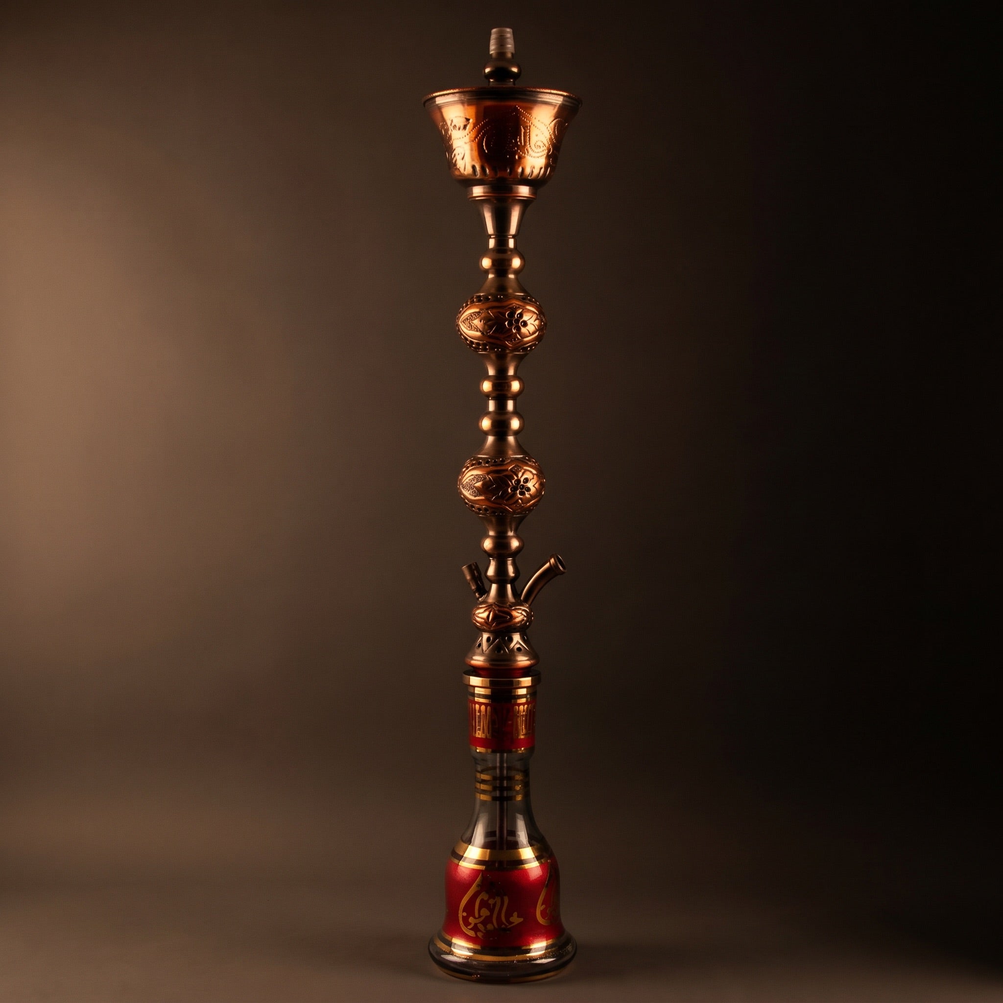 Khalil Mamoon Sharqawi 2 Copper 100cm hookah side profile, dramatic warm light against dark backdrop