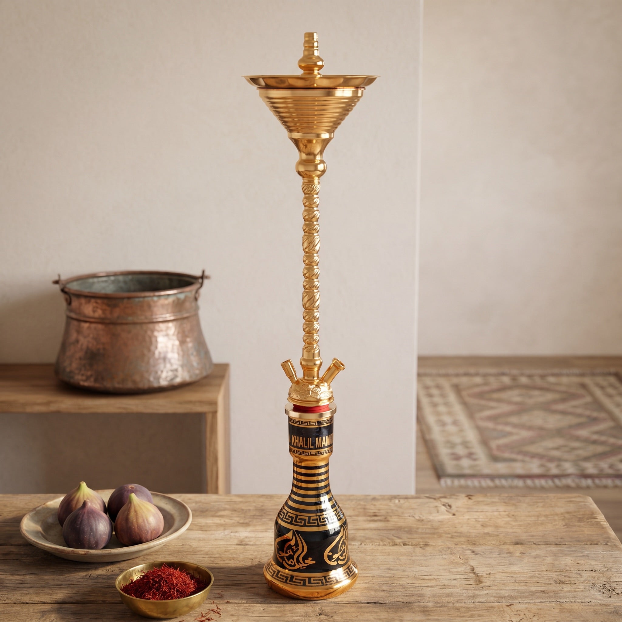 Khalil Mamoon Skinny Gold hookah in soft morning light with aged copper pot fresh figs and saffron on wood table