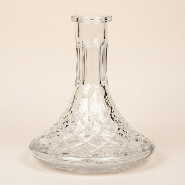 Lismore crystal-cut glass hookah base showing full diamond-cut lattice on warm cream studio backdrop