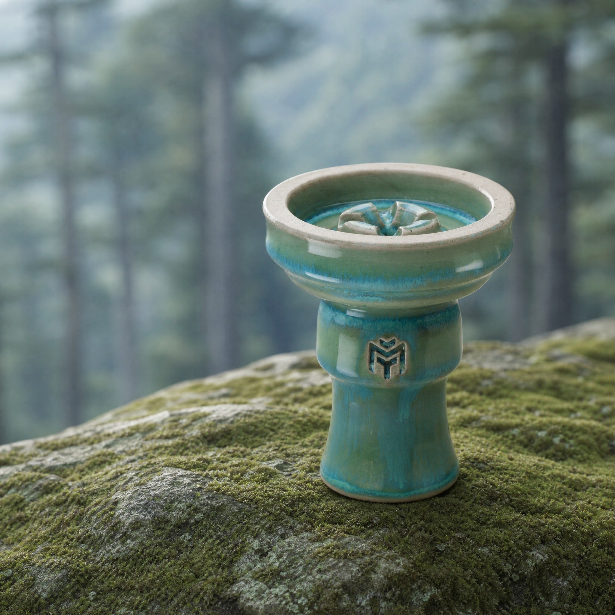 MIT Luxury Ashera Cedar bowl on moss-covered stone in Lebanese cedar grove, cool morning sage atmosphere