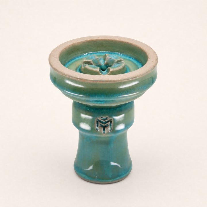 MIT Luxury Ashera Cedar phunnel bowl, teal-sage drip-glaze on stoneware body, three-quarter studio view
