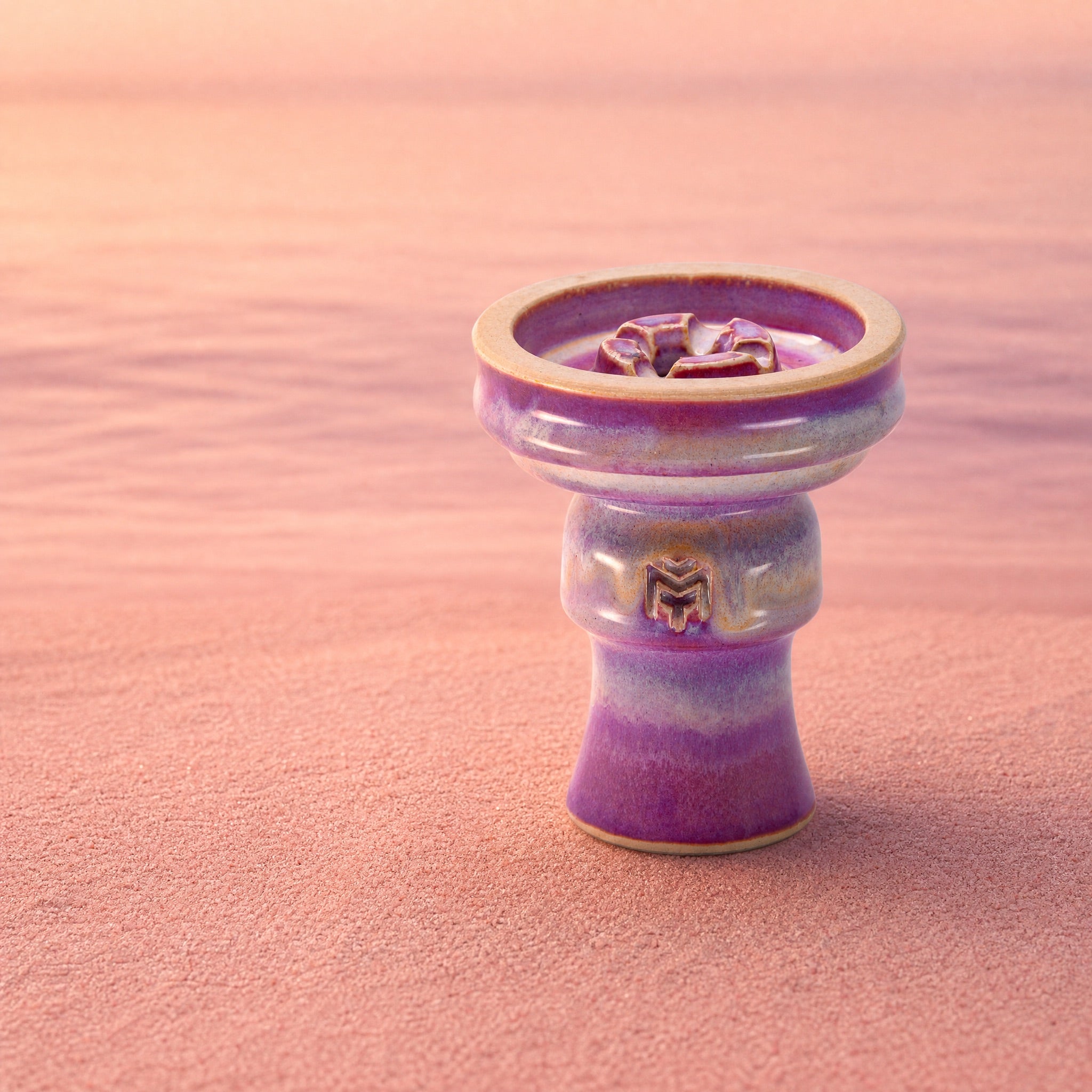 MIT Luxury Ashera Coral bowl on coral sand with Mediterranean sunset sea, rose-mauve gradient at golden hour