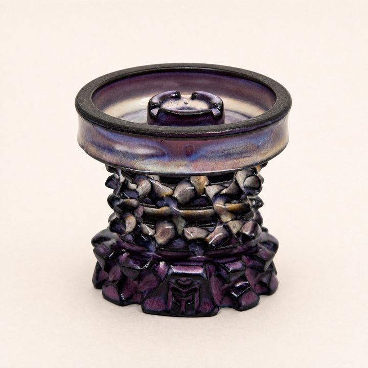 MIT Luxury Mitovation V2 Amethyst phunnel bowl, lavender plate with aubergine sculptural column, three-quarter studio view