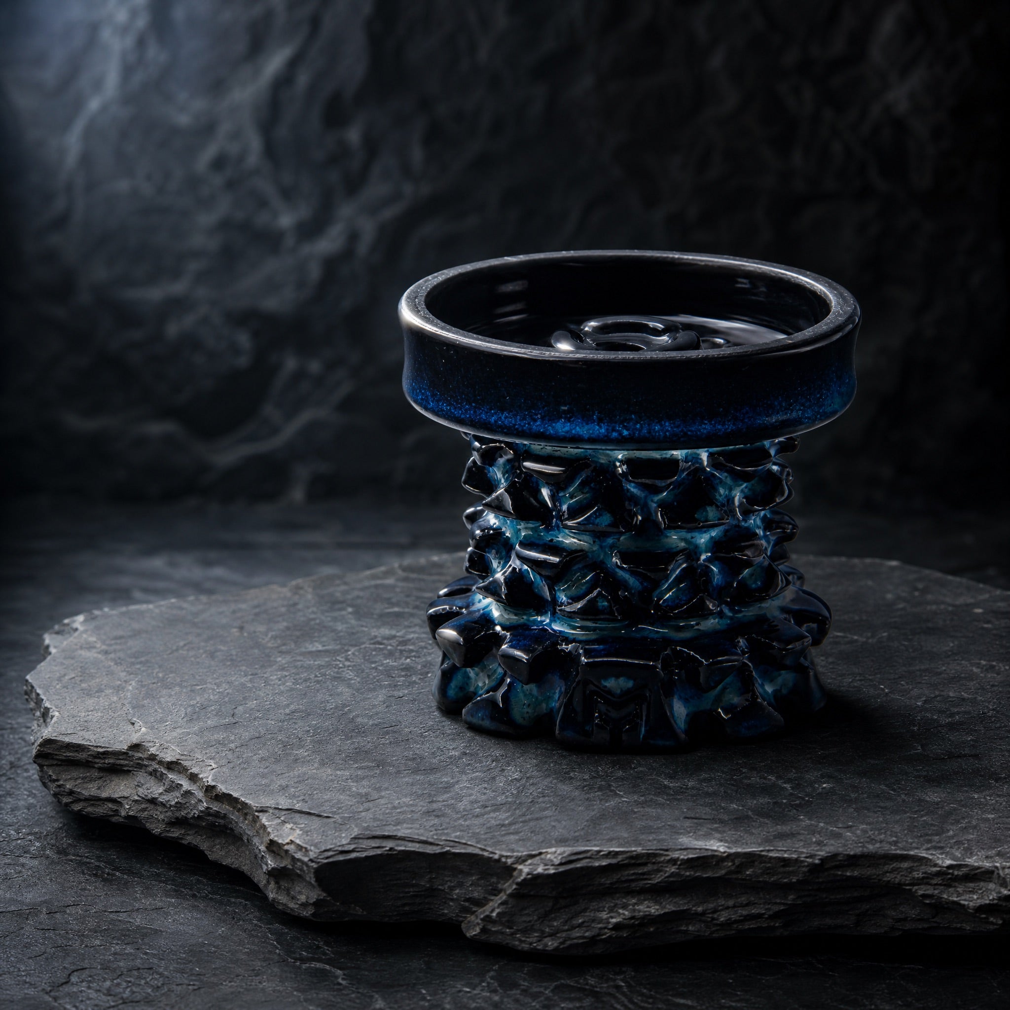 MIT Luxury Mitovation V2 Sapphire bowl on raw slate slab, mineral specimen study with cool directional light
