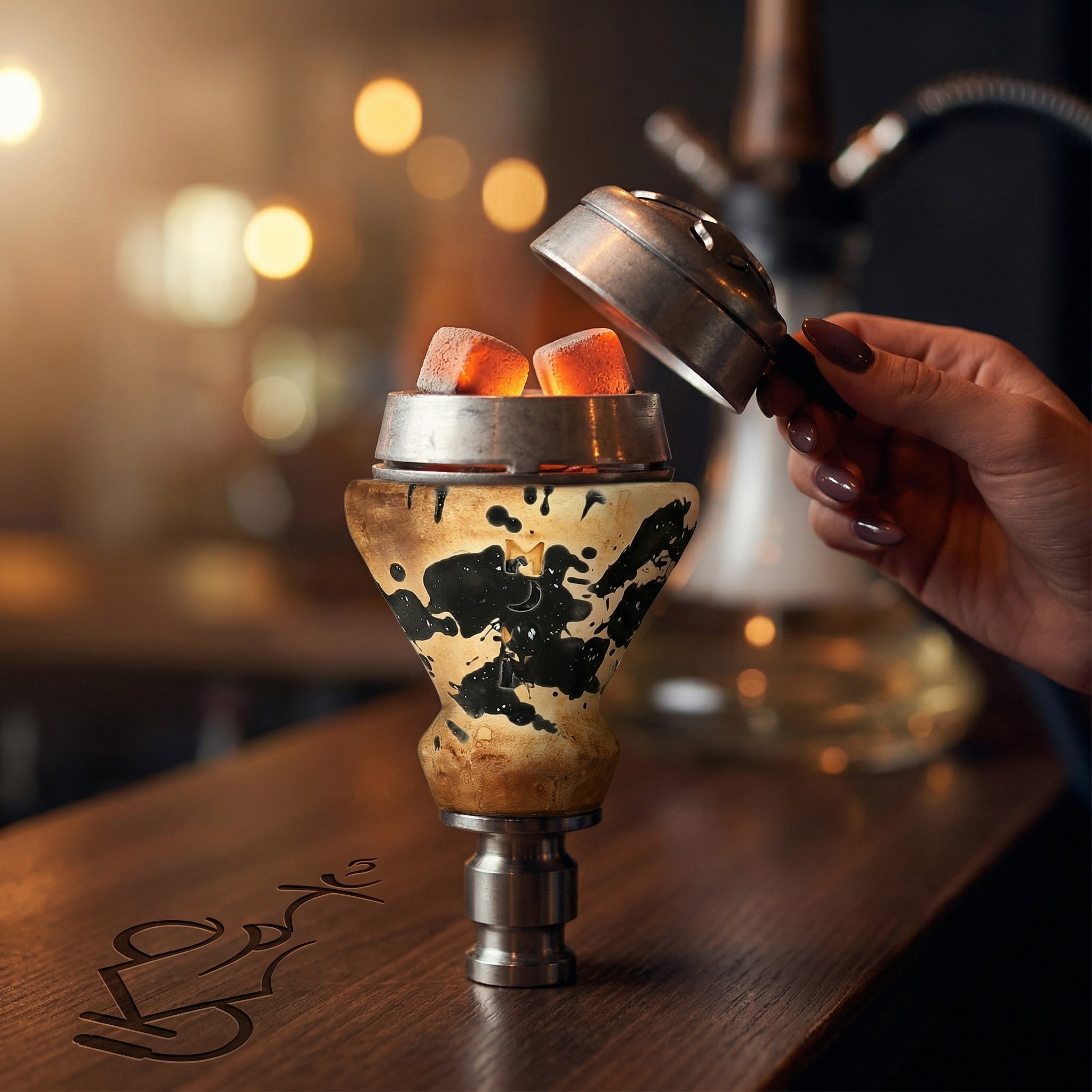 Moon Grand Cap clay bowl in use on a hookah with heat management device, hand adjusting HMD lid during a warm evening session
