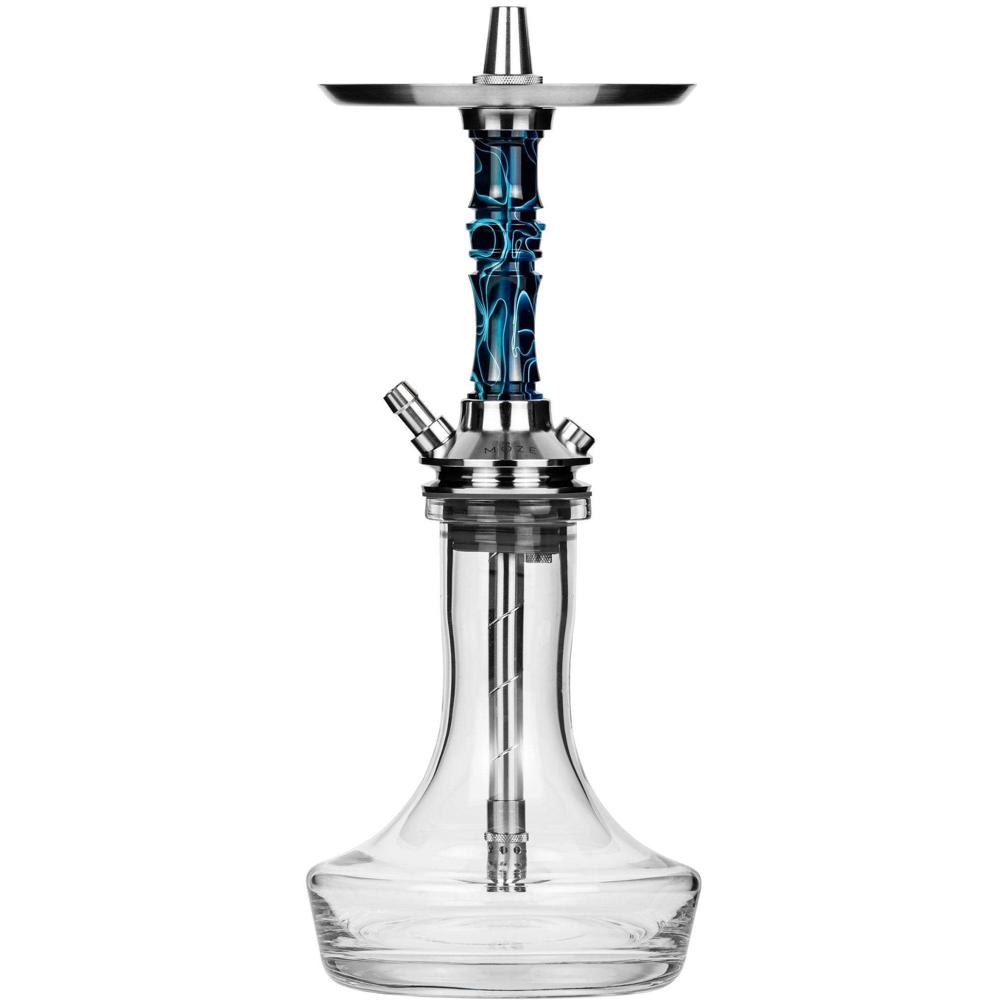 Moze Breeze Pro Wavy Blue shisha, front view of the assembled hookah showing stainless tray, blue resin stem and clear glass vase base
