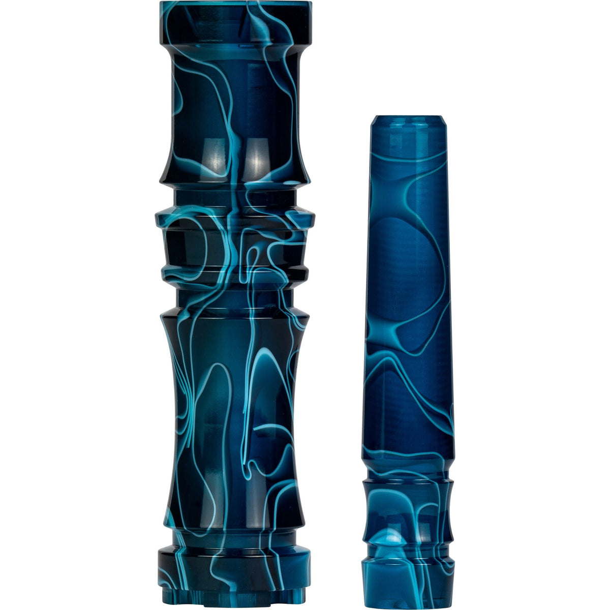 Moze Breeze Pro Wavy Blue shisha, two blue poured-resin sleeve sections side by side showing the white swirl pattern on stem and grip, image 3 of 4