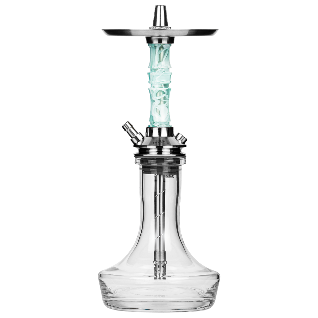 Moze Breeze Pro Wavy Mint shisha, front view of the assembled hookah showing stainless tray, mint resin stem and clear glass vase base, image 2 of 4