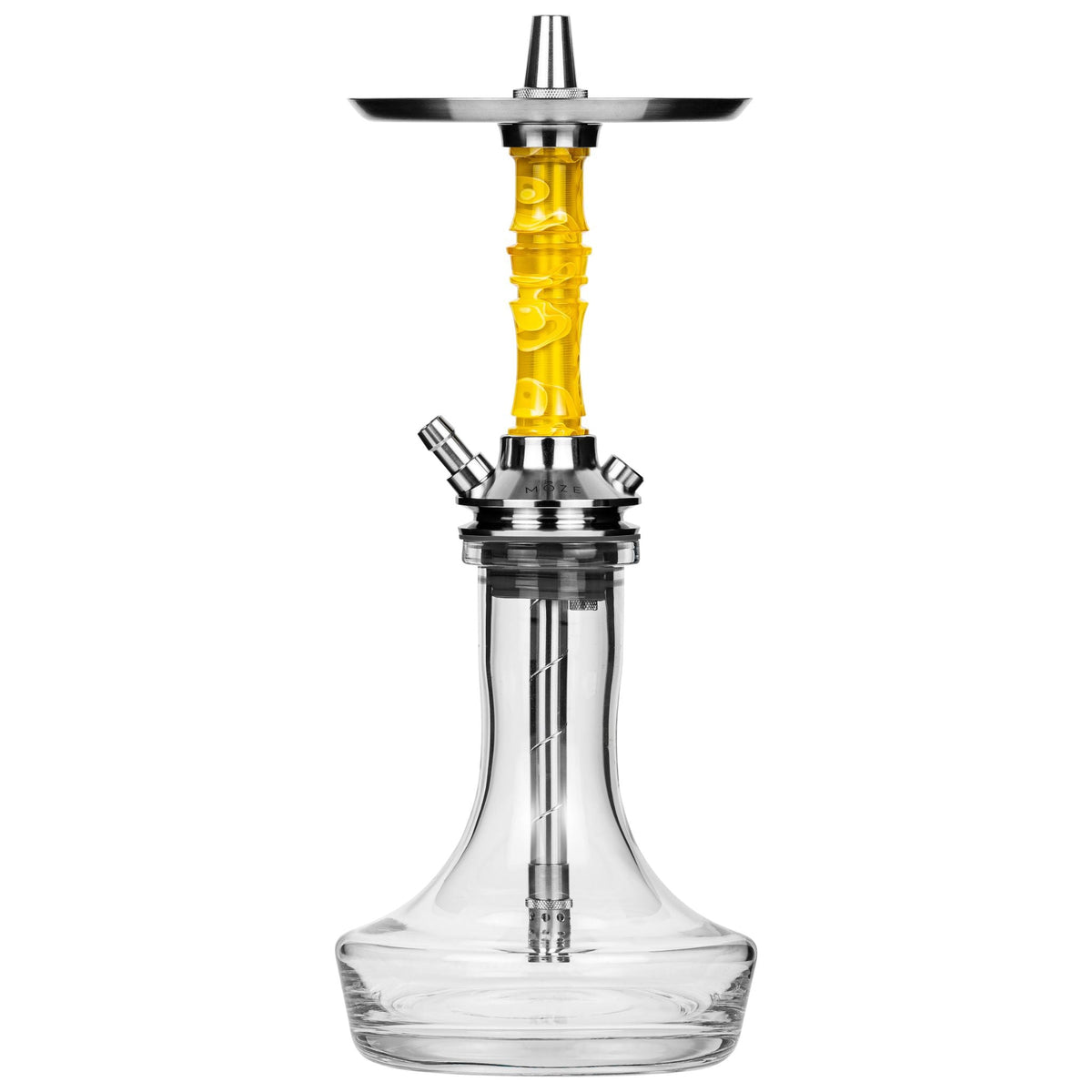 Moze Breeze Pro Wavy Yellow shisha, front view of the assembled hookah showing stainless tray, yellow resin stem and clear glass vase base, image 2 of 3