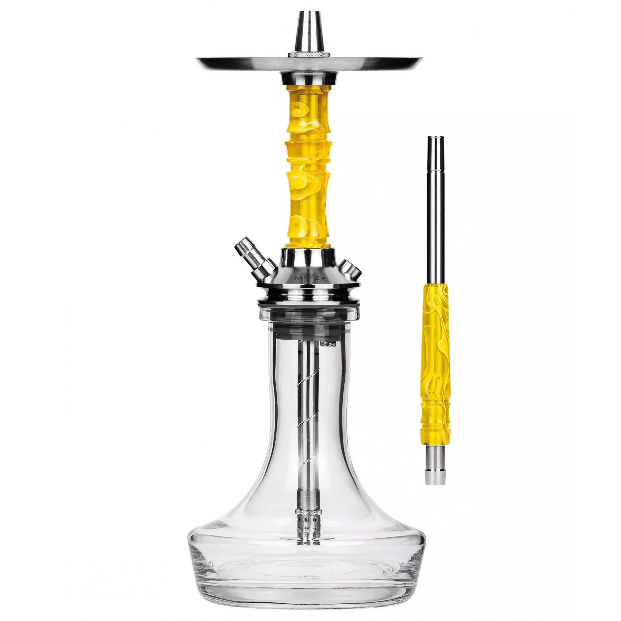 Moze Breeze Pro Wavy Yellow shisha, assembled hookah with stainless tray, yellow resin stem, clear glass base and mouthpiece, from The Premium Way