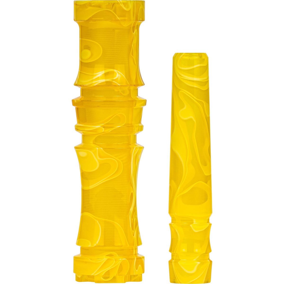 Moze Breeze Pro Wavy Yellow shisha, two yellow poured-resin sleeve sections side by side showing the white swirl pattern on stem and grip, image 3 of 3