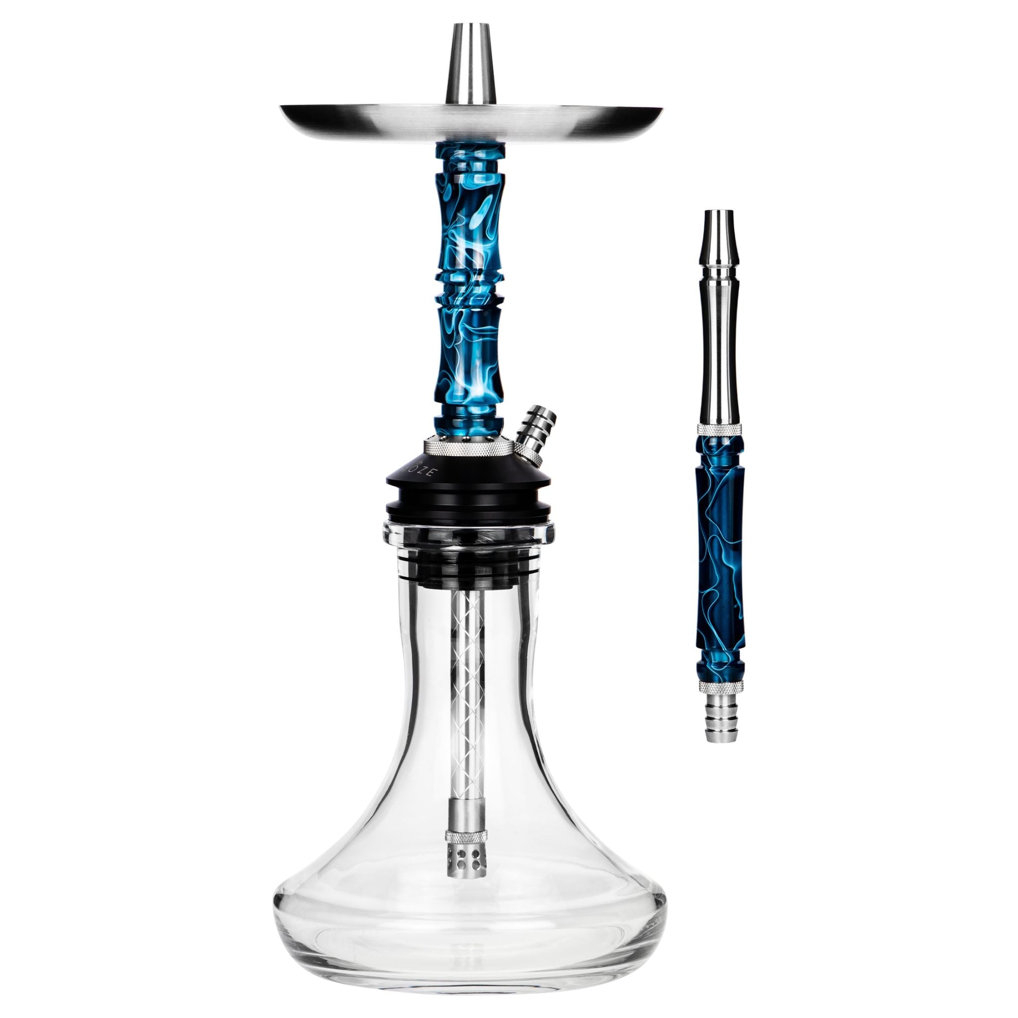 Moze Breeze Two Wavy Blue shisha, full body with blue wavy resin stem, clear glass base, stainless tray and mouthpiece, from The Premium Way