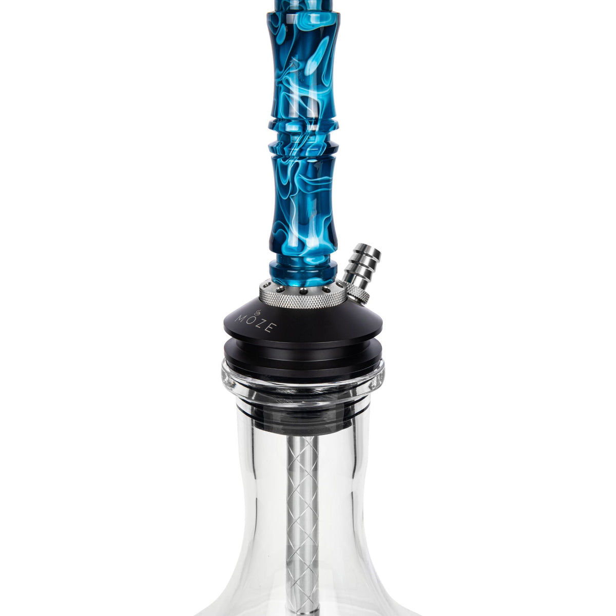 Moze Breeze Two Wavy Blue shisha base detail, blue wavy resin stem into MOZE POM purge base with single hose port and glass vessel top, image 4 of 7