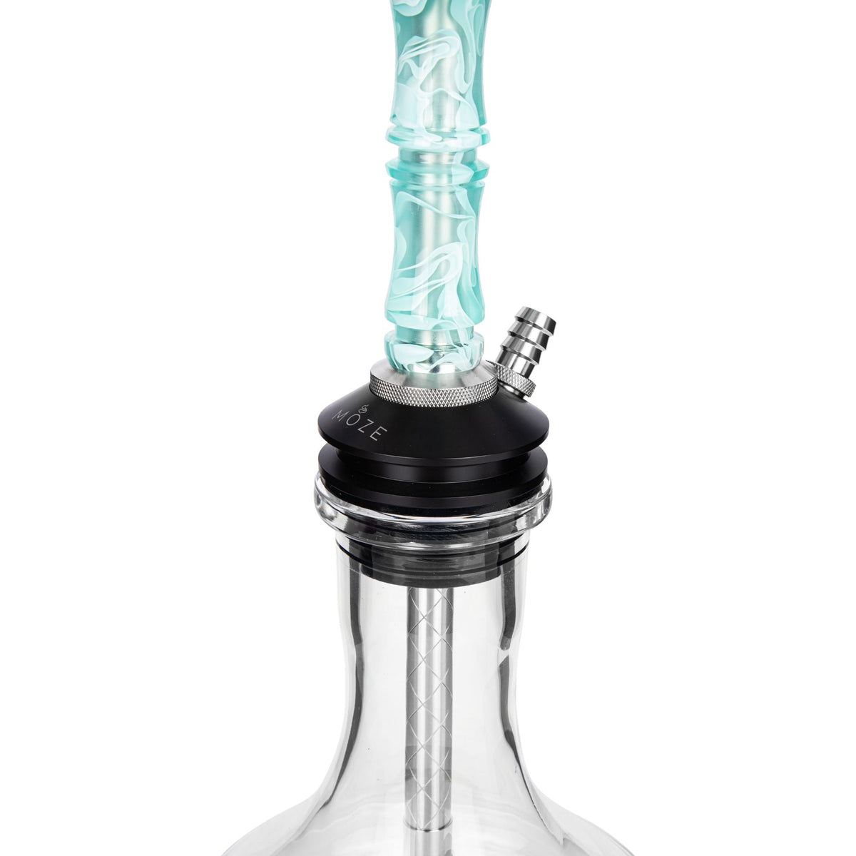 Moze Breeze Two Wavy Mint shisha base and glass detail, mint wavy resin stem into MOZE POM base with hose port and clear glass vessel, image 8 of 10