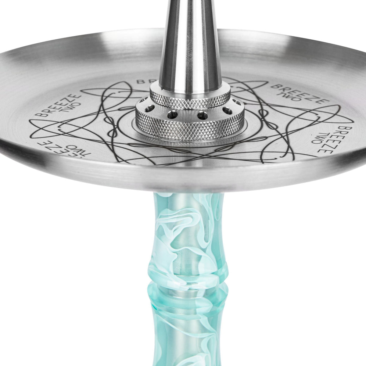 Moze Breeze Two Wavy Mint shisha stainless coal tray, top-down view with engraved Breeze Two branding and central mouthpiece cone, image 4 of 10