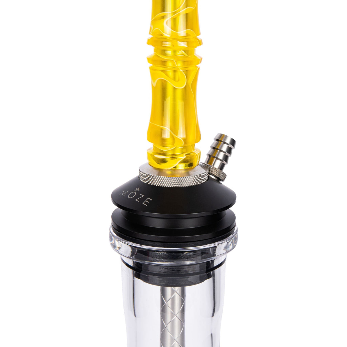 Moze Breeze Two Wavy Yellow shisha base detail, yellow wavy resin stem into MOZE POM purge base with single hose port and glass vessel top, image 4 of 6