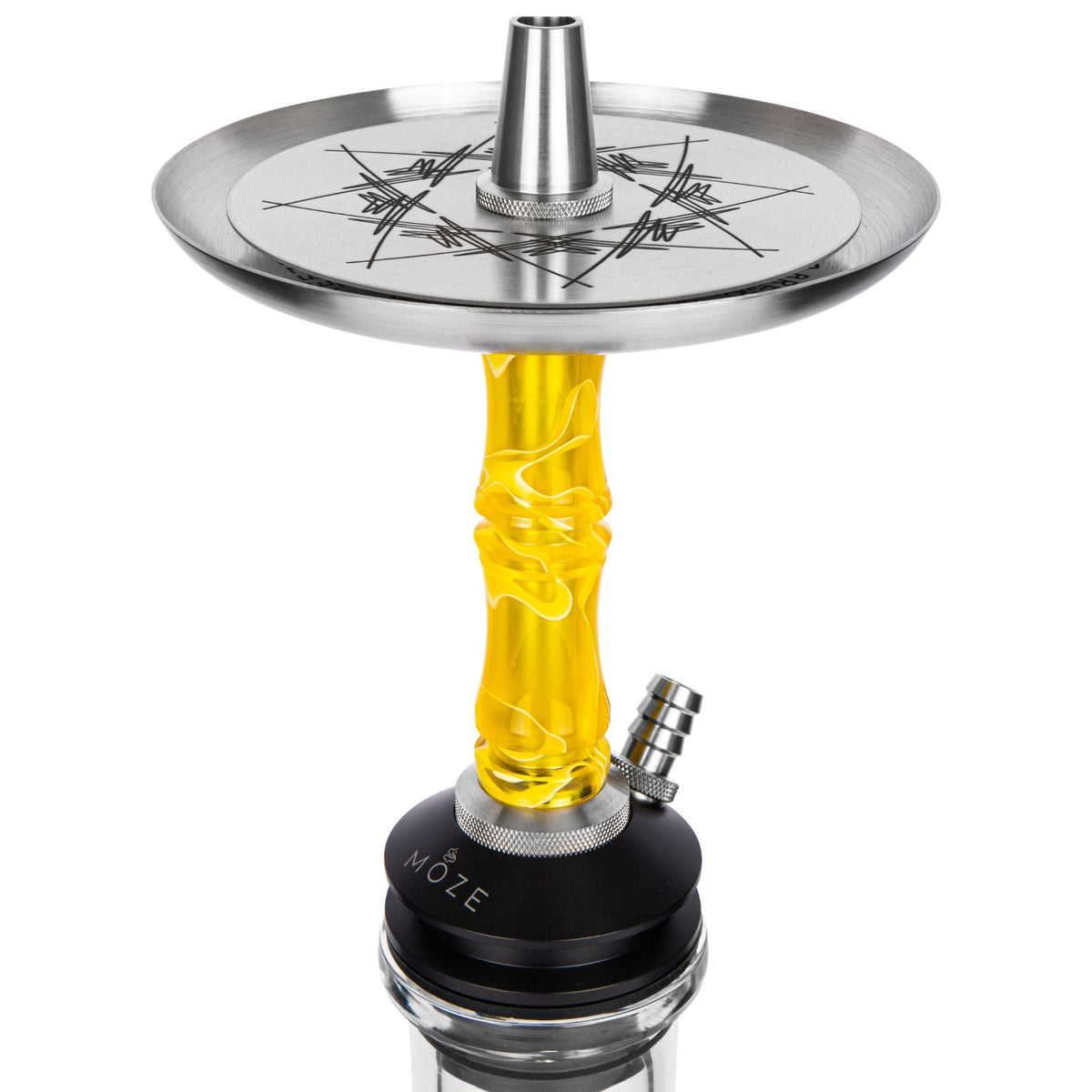 Moze Breeze Two Wavy Yellow shisha upper section, compass-engraved stainless coal tray, bright yellow wavy resin stem and MOZE purge base, image 3 of 6