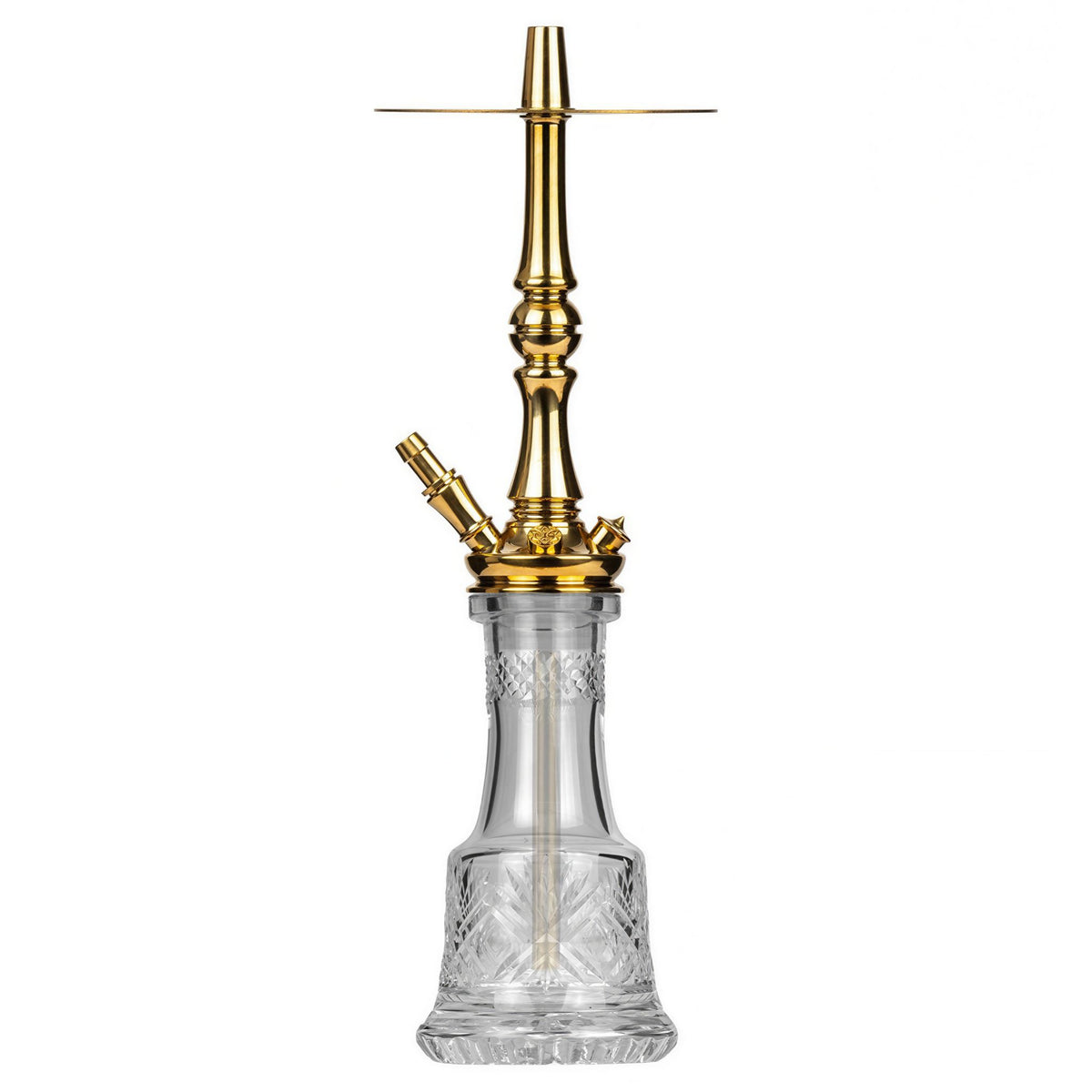 Moze Tradi M Gold traditional shisha front view, polished gold stem and wide charcoal tray on a clear cut-glass base, image 2 of 7