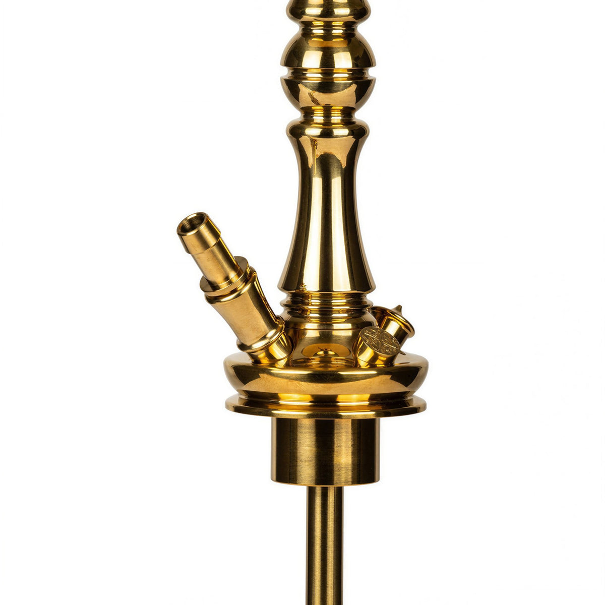 Close-up of the Moze Tradi M Gold shisha gold hose port, purge valve and ornate stem base above the cut-glass vessel, image 4 of 7