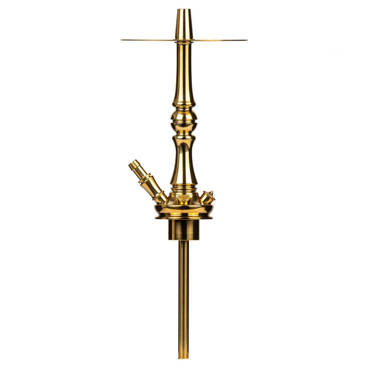 Moze Tradi M Gold shisha gold stem and purge valve with the long stainless downstem extended below the body, image 3 of 7