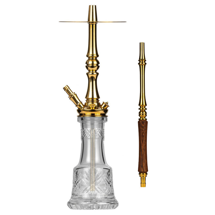 Moze Tradi M Gold traditional shisha, full polished-gold stem with cut-glass base and matching wood-and-gold mouthpiece, from The Premium Way