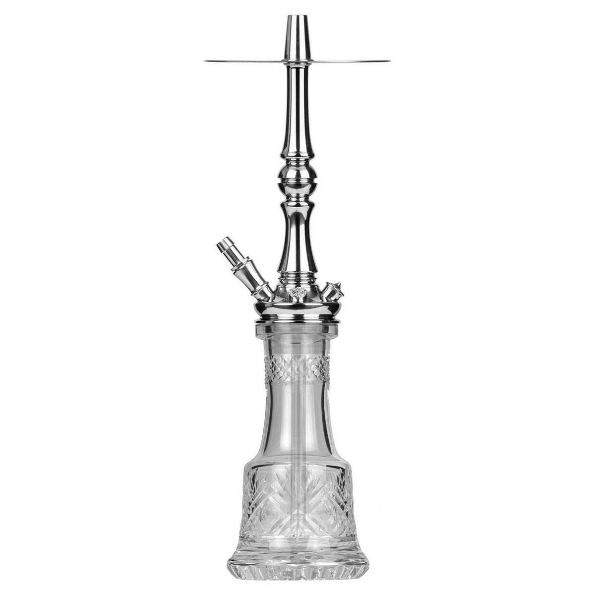 Moze Tradi M Silver traditional shisha front view, polished chrome stem and wide charcoal tray on a clear cut-glass base, image 2 of 7