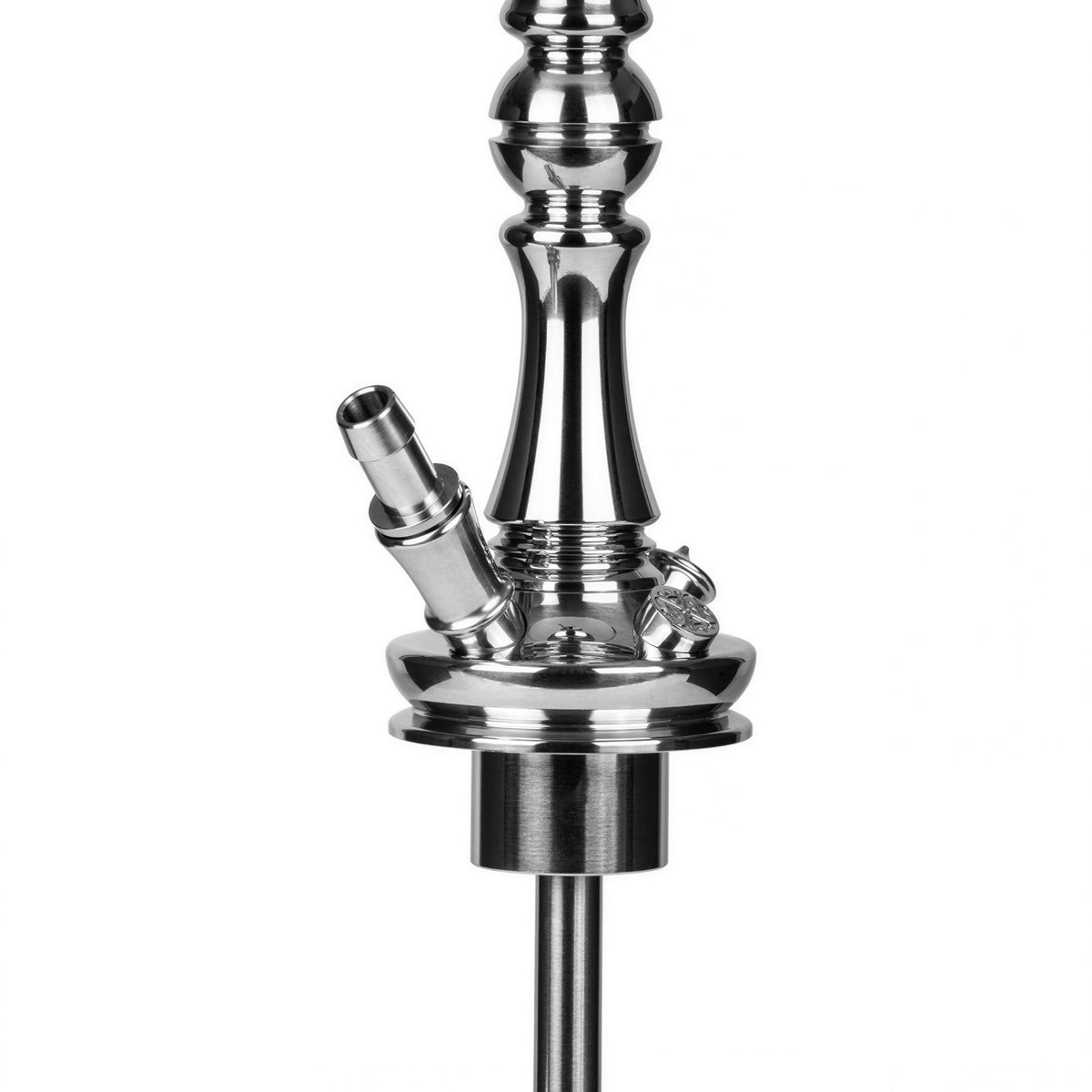 Close-up of the Moze Tradi M Silver shisha chrome hose port, purge valve and ornate stem base above the cut-glass vessel, image 5 of 7