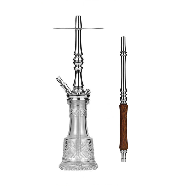 Moze Tradi M Silver traditional shisha, polished chrome stem with cut-glass base and matching wood-and-chrome mouthpiece, from The Premium Way