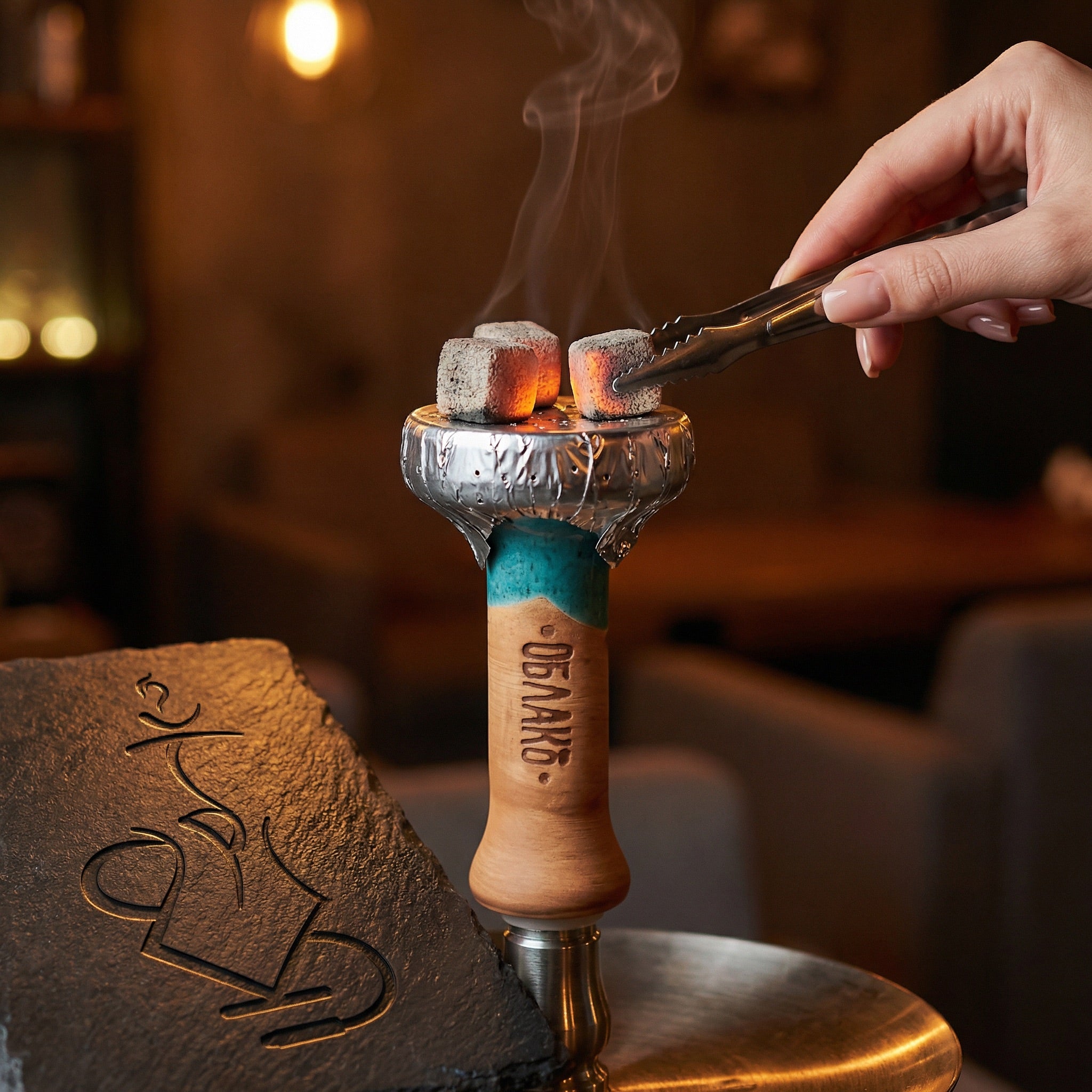 Oblako Phunnel S glazed shisha bowl mounted on hookah with heat management device and glowing coals, session-ready