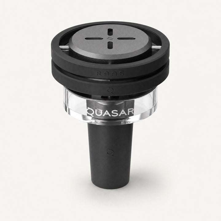 Quasar Raas 2 foil-free thermal shisha bowl system in matte black, assembled studio front view
