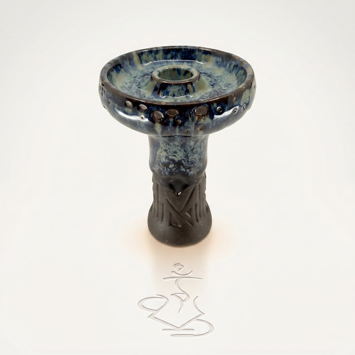 Queen phunnel bowl in Frozen on warm white studio sweep — glossy blue-teal reactive drip glaze, carved stem, The Premium Way.