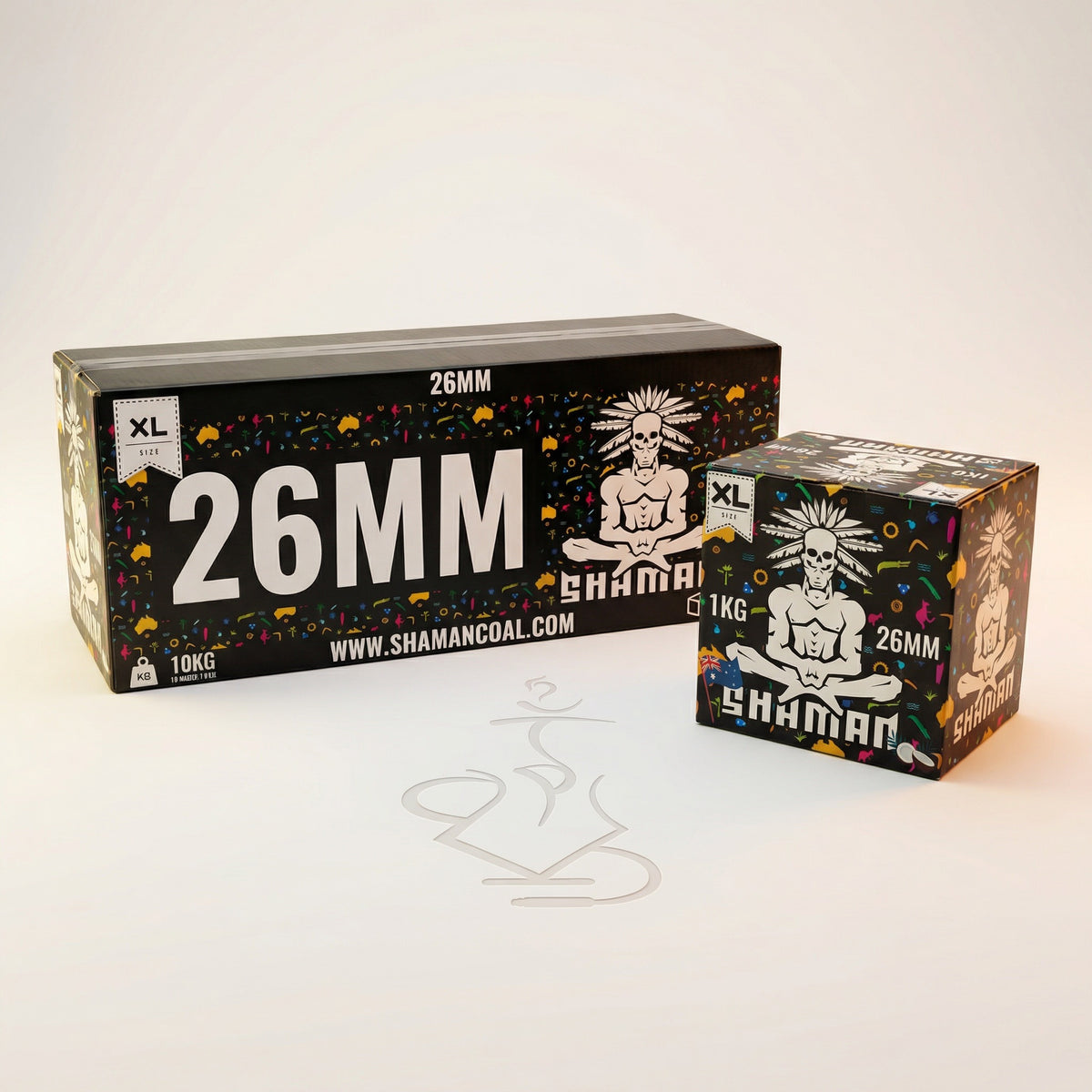 Shaman 26mm coconut charcoal 10kg master box and 1kg box displayed side by side showing the scale difference in a professional studio setting., image 2 of 15