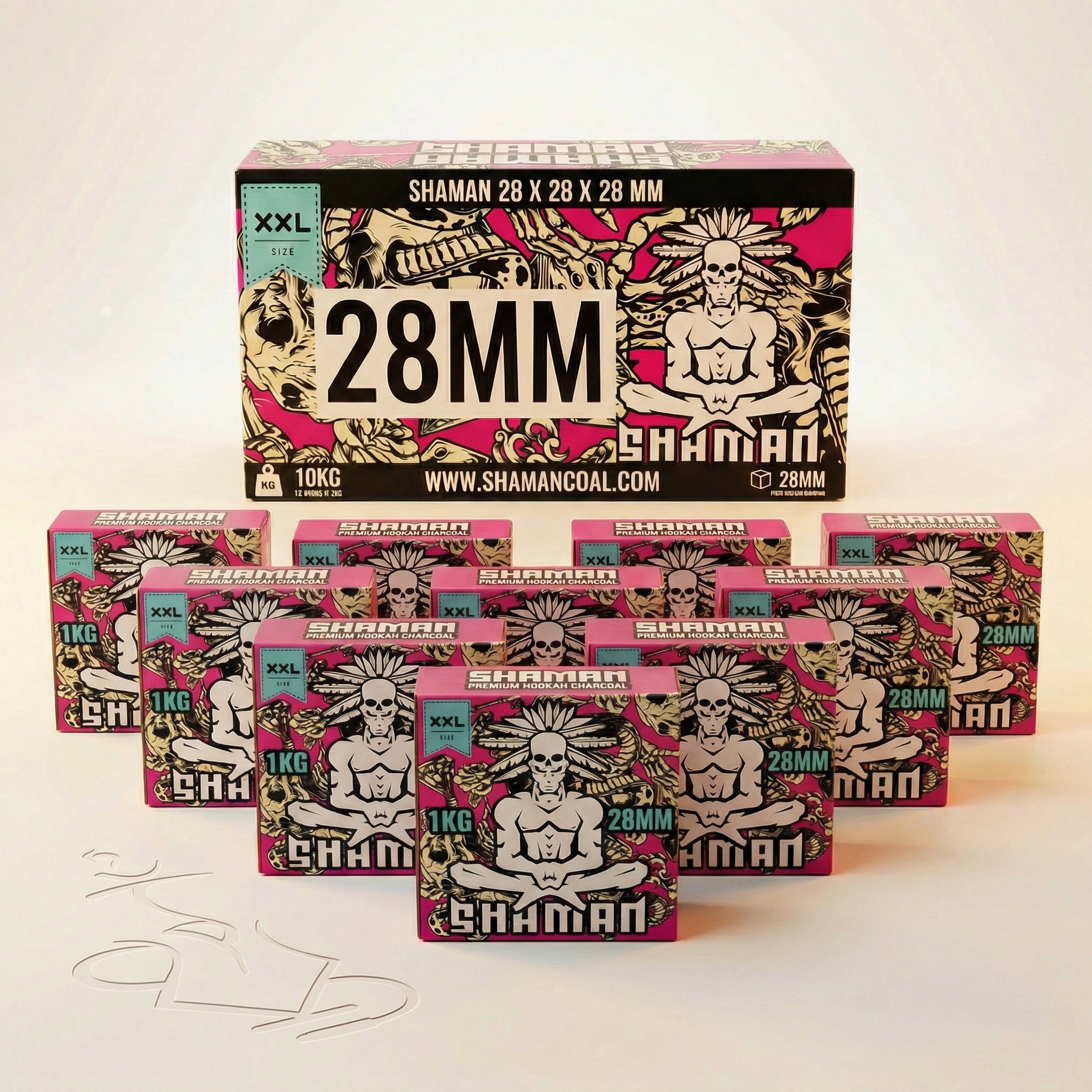 Shaman 28mm coconut charcoal 10kg master case with ten individual 1kg boxes displayed in front showing full case contents on warm white studio background