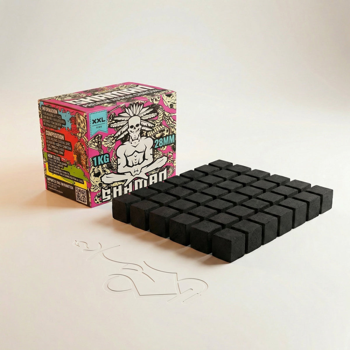 Shaman 28mm coconut charcoal 1kg box with all 48 cubes arranged in neat grid formation showing full box contents on warm white studio background, image 6 of 10