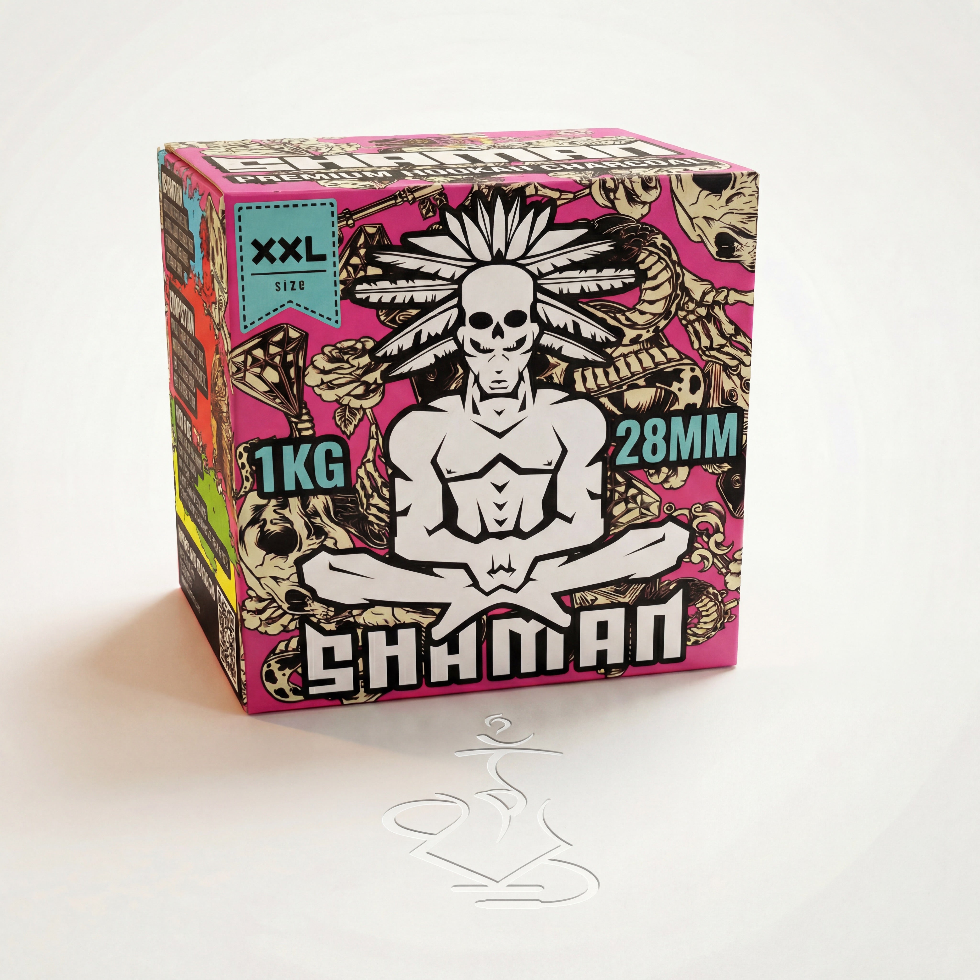 Shaman 28mm coconut shisha charcoal 1kg box three-quarter view showing vivid pink packaging with Shaman mascot artwork and XXL size badge on warm white studio background