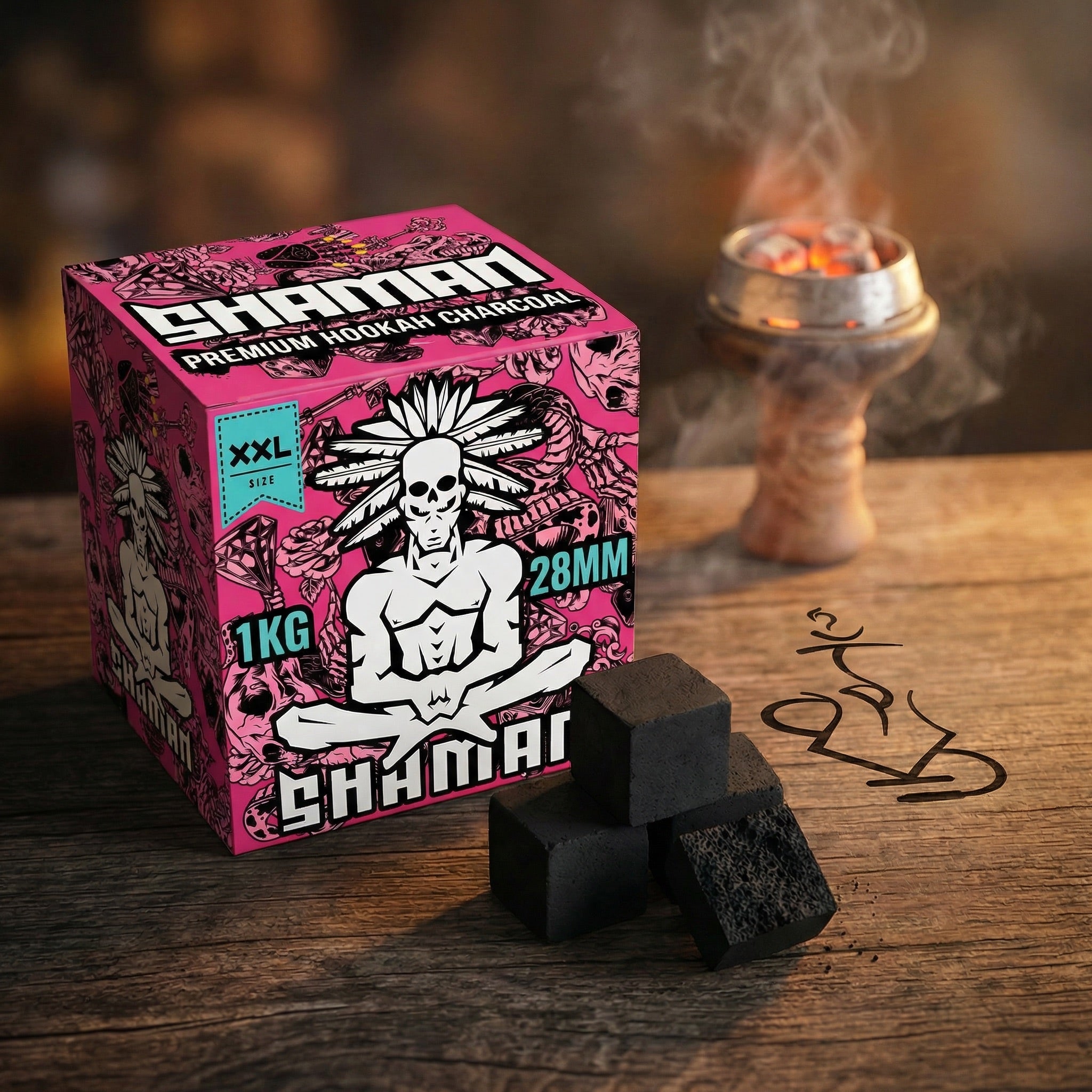 Shaman 28mm coconut charcoal 1kg box on wood surface with loose cubes and glowing coals on hookah bowl in warm session setting