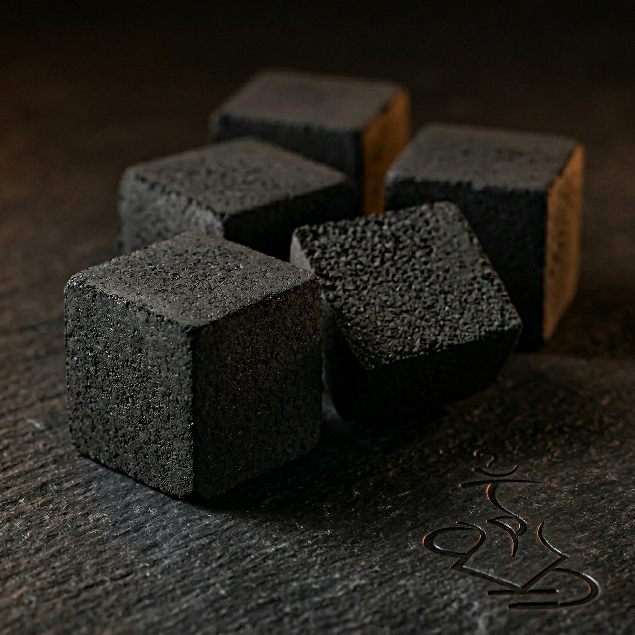 Shaman 28mm coconut charcoal cubes in macro close-up showing dense compressed granular texture and crisp squared edges on dark surface