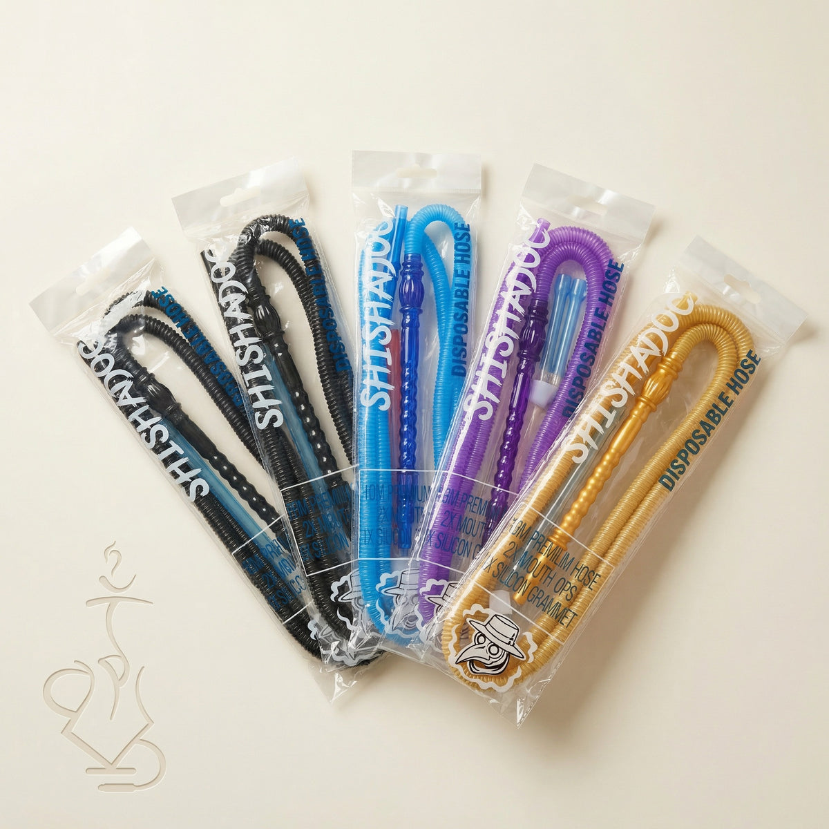 ShishaDoc 1.8m disposable hookah hose 5-pack showing mixed colour assortment in sealed branded packaging, image 9 of 10