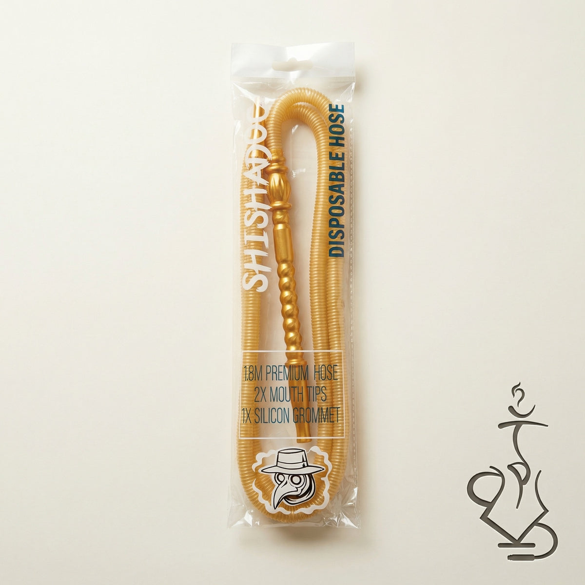 ShishaDoc 1.8m disposable hookah hose in gold sealed in branded cellophane packaging, image 6 of 10