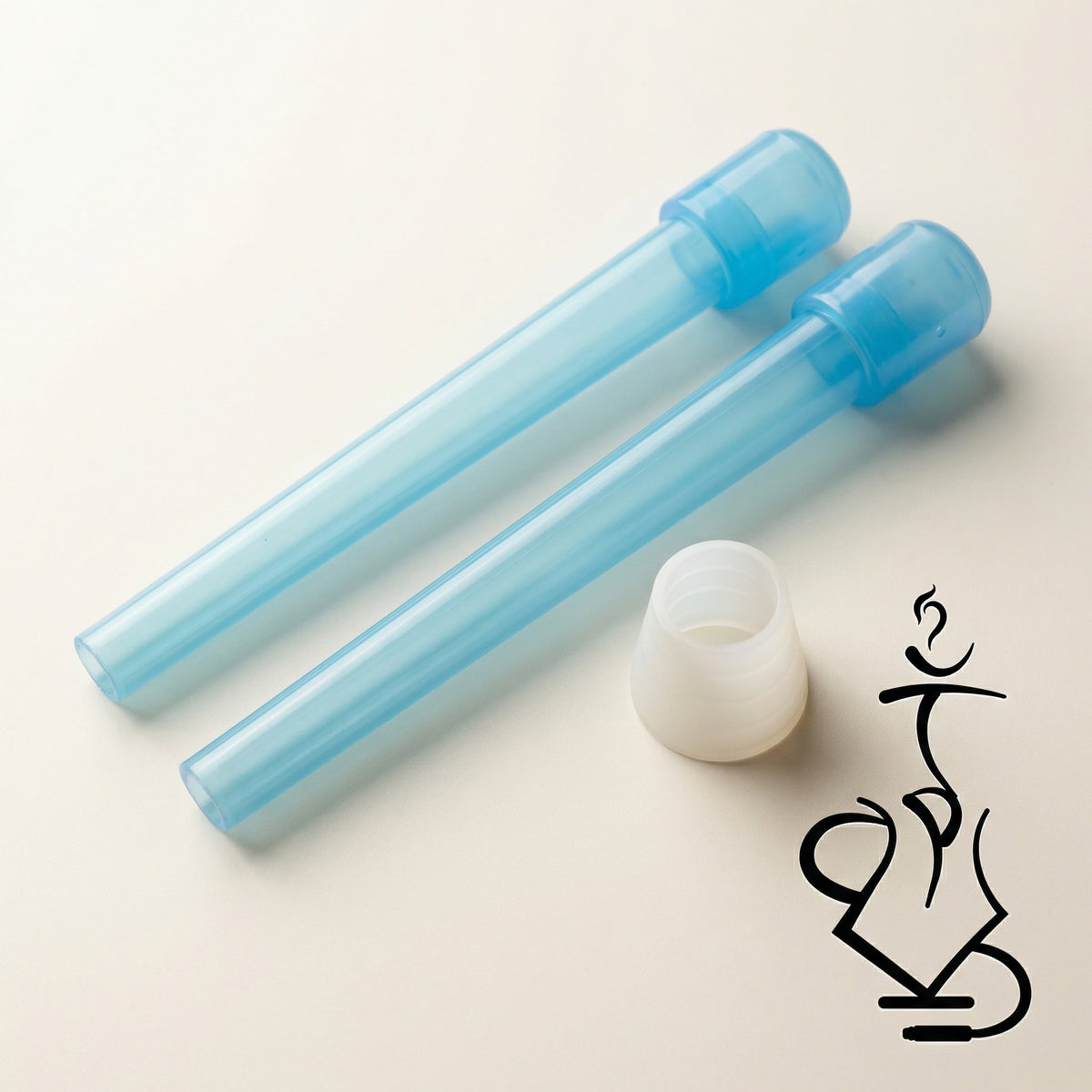 Two translucent blue disposable mouth tips and white silicone grommet included with ShishaDoc 1.8m disposable hookah hose, image 4 of 10