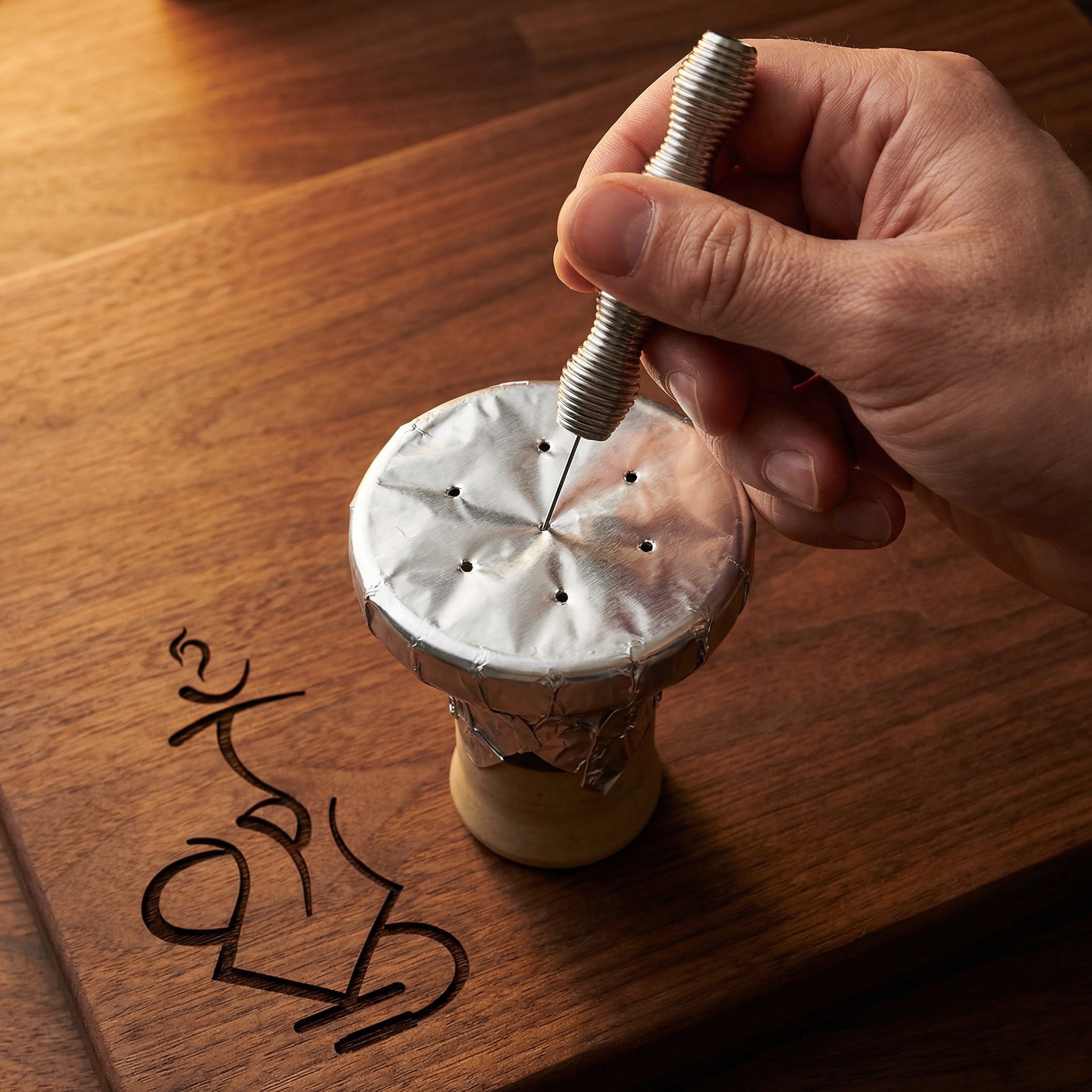 A hand using the Smoothpoke ribbed stainless steel foil poker to punch airflow holes through taut foil stretched over a ceramic shisha bowl on a warm walnut prep surface.