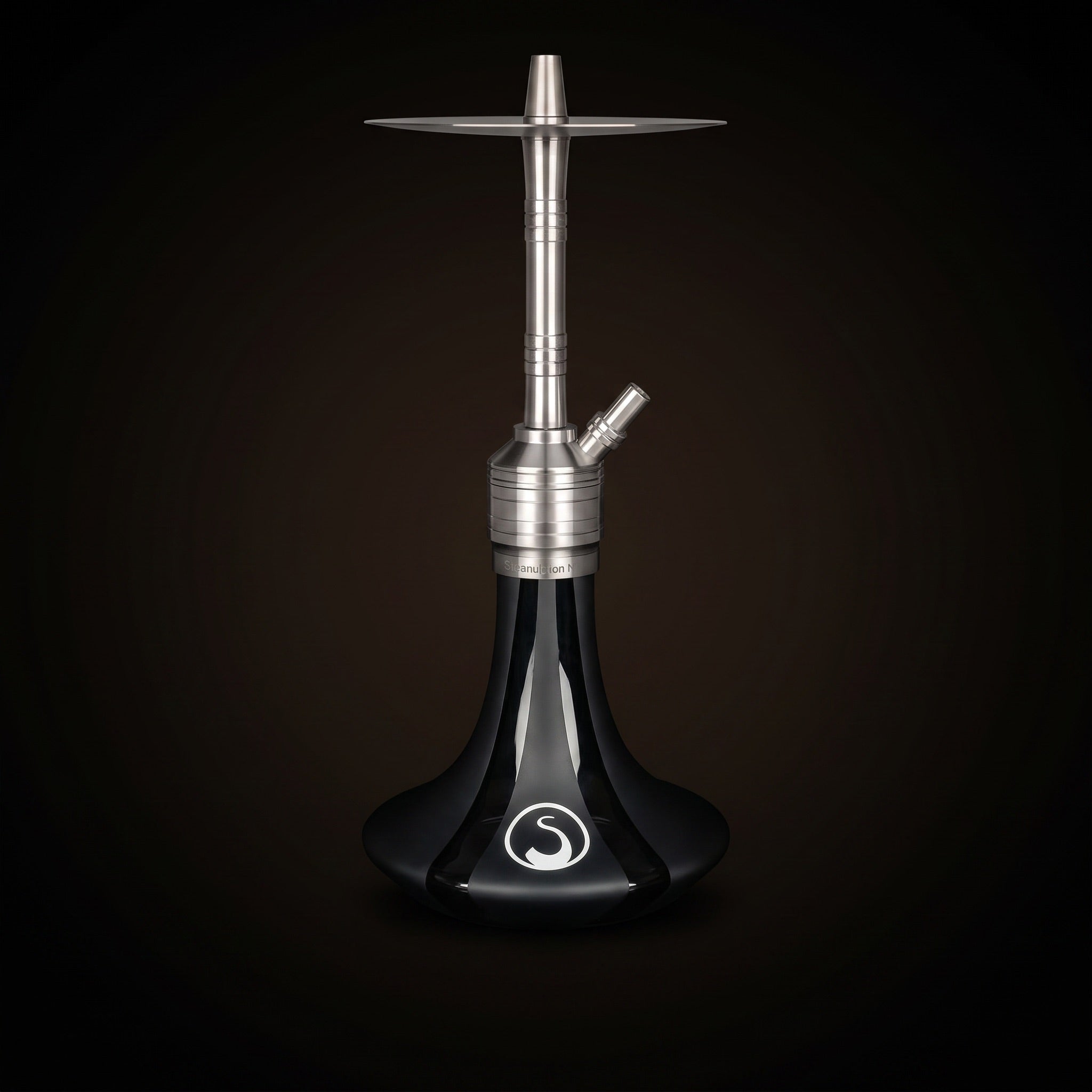 Steamulation Mini Gen II Black Matt hookah on warm dark backdrop, brushed satin stem and matte base, The Premium Way
