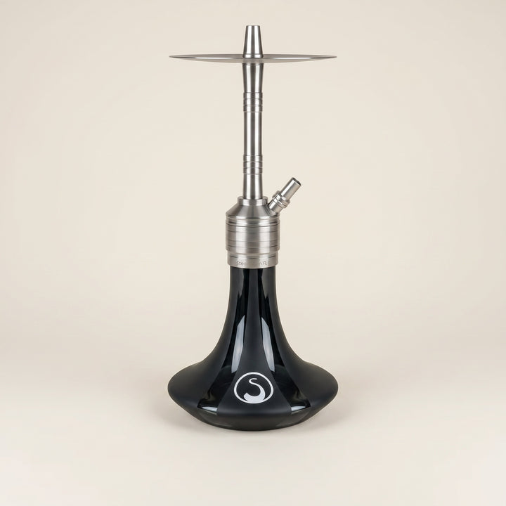 Steamulation Mini Gen II Black Matt hookah three-quarter view showing satin stem and bell-flared base, The Premium Way