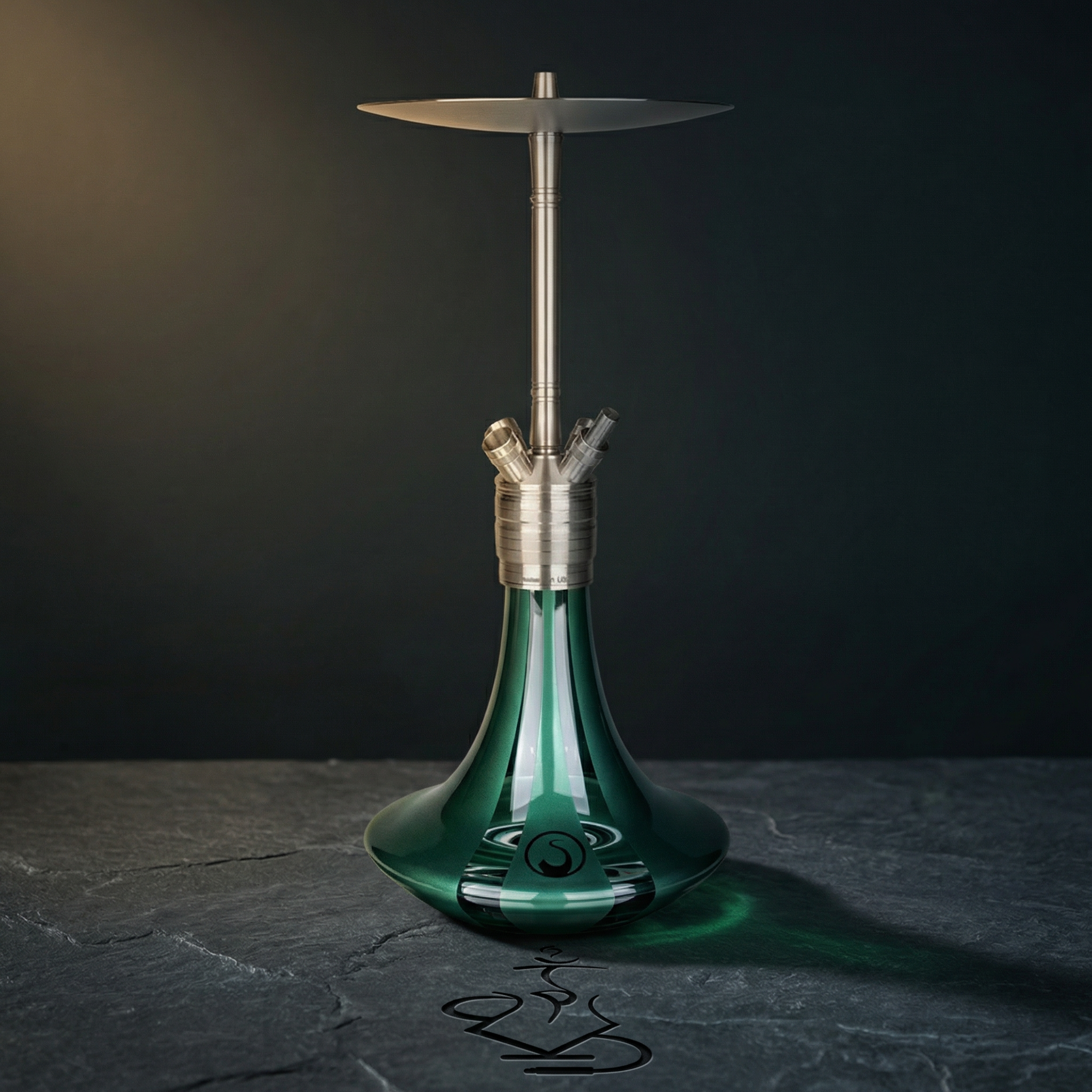 Steamulation Ultimate Gen II hookah in Emerald Green Metallic finish with deep jewel-toned green satin base on a dark slate surface