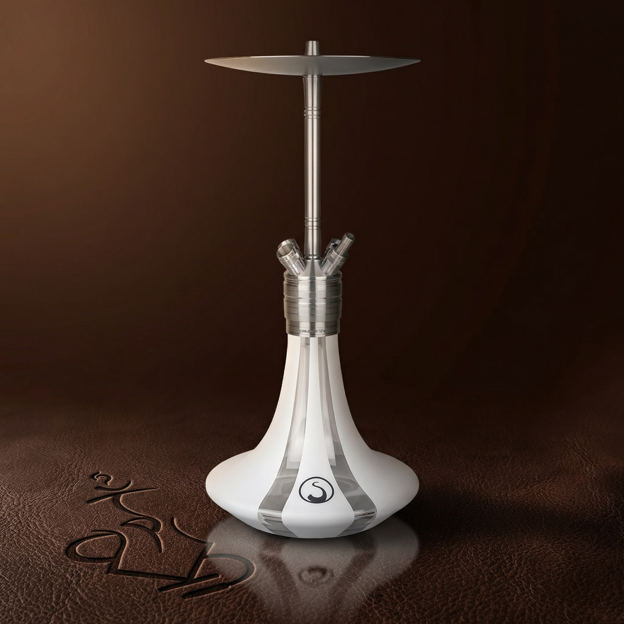 Steamulation Ultimate Gen II hookah in White Matt finish with soft white satin base on a deep espresso leather surface