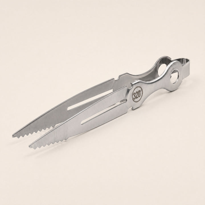 320° silver stainless steel hookah tongs with serrated tips, three-quarter studio view — The Premium Way