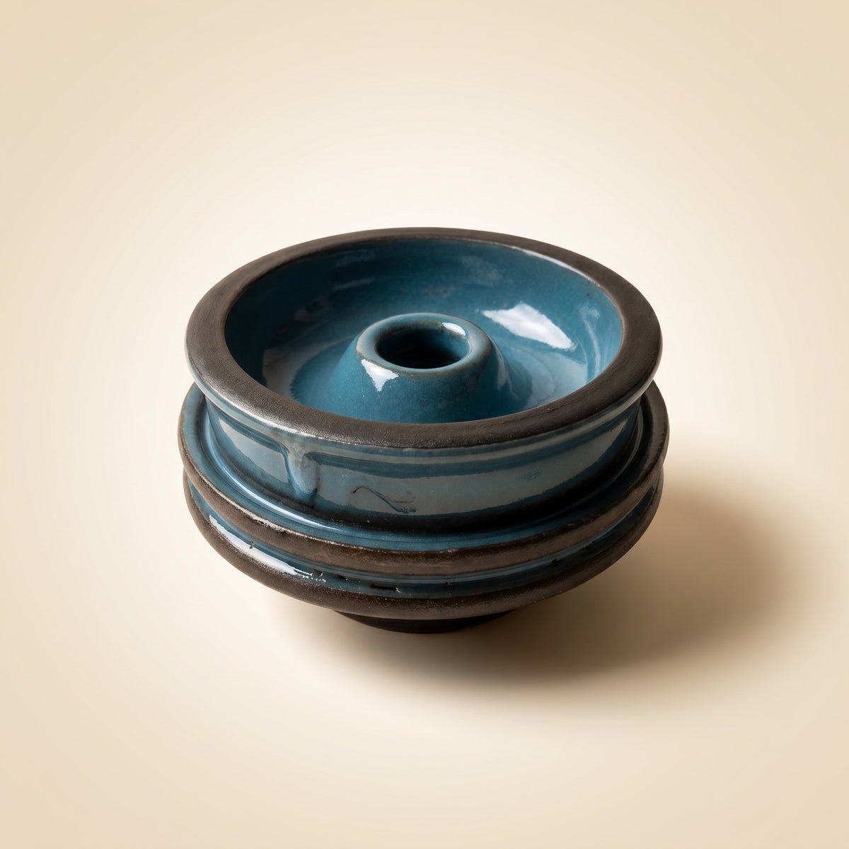 Diablo Abyss phunnel shisha bowl, deep teal-blue glaze with matte dark clay bands on stacked ceramic body, The Premium Way, image 4 of 6