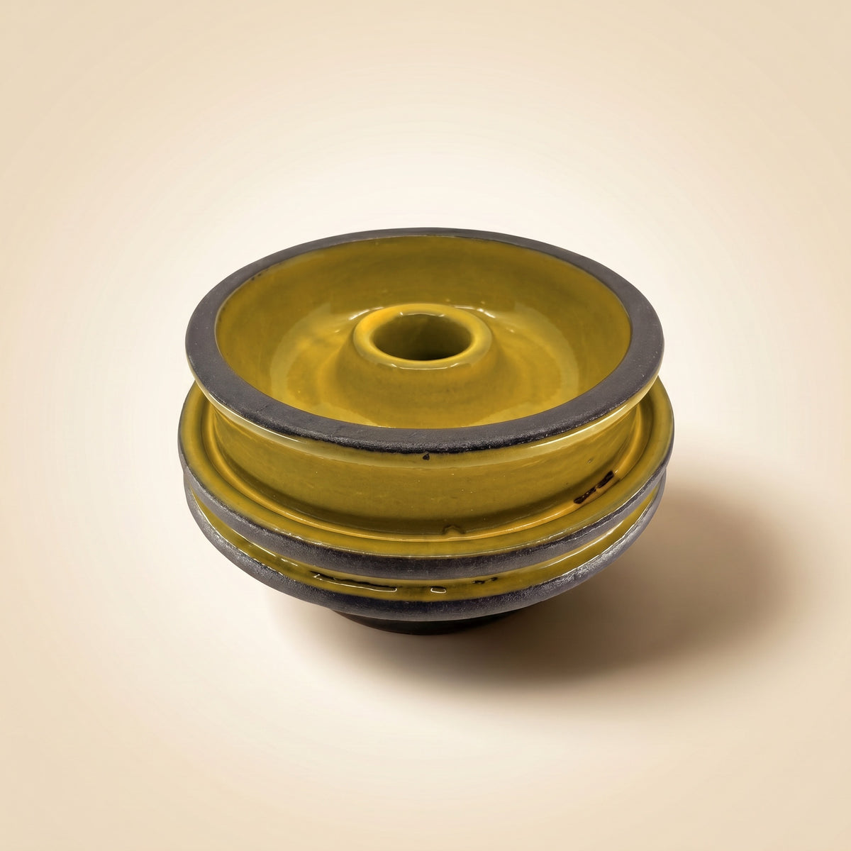 Diablo Desert phunnel shisha bowl, mustard-ochre glaze with matte dark clay bands on stacked ceramic body, The Premium Way, image 5 of 6