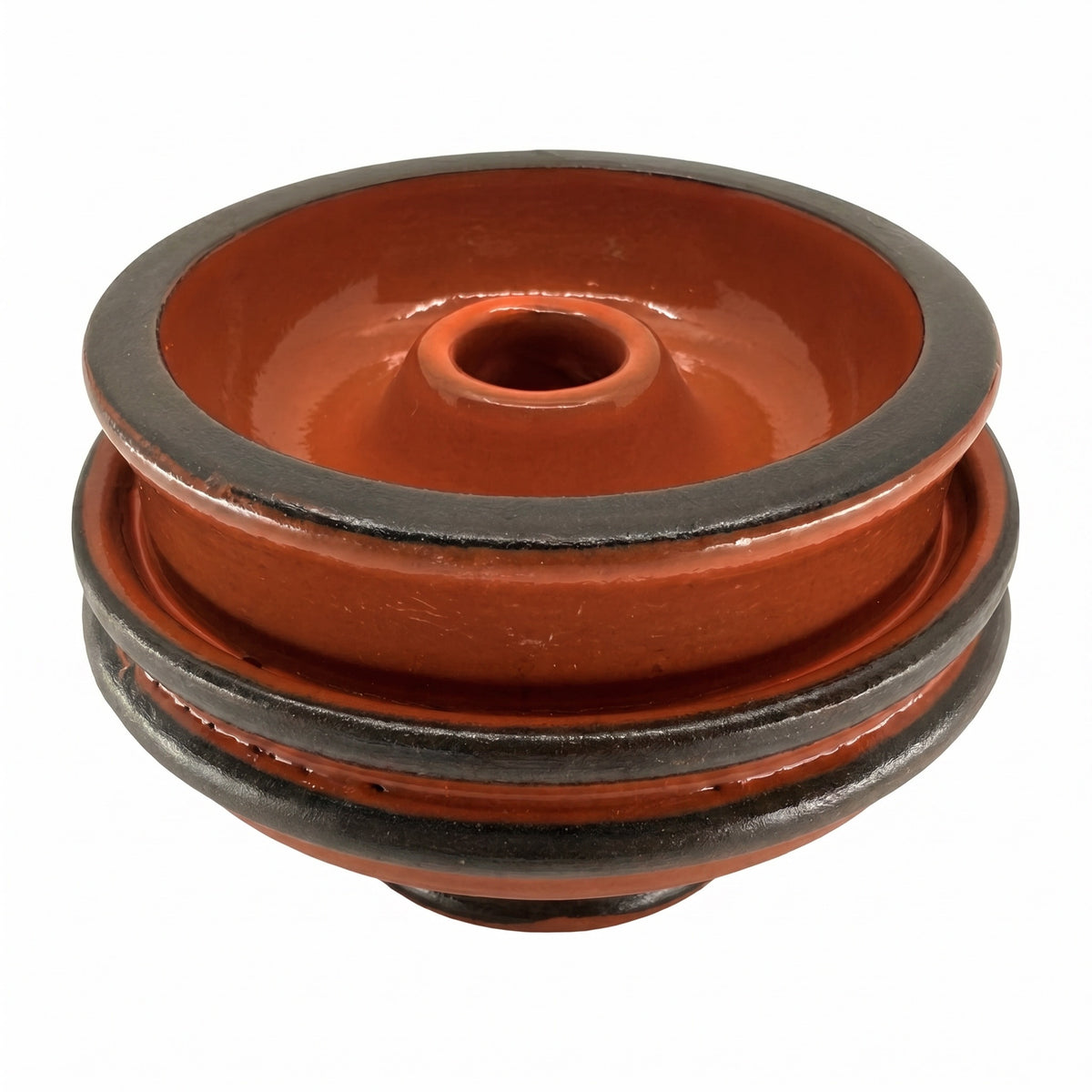 Diablo Rust phunnel shisha bowl on pure white, stacked-disc ceramic body with terracotta glaze and dark clay rim bands, The Premium Way, image 3 of 6