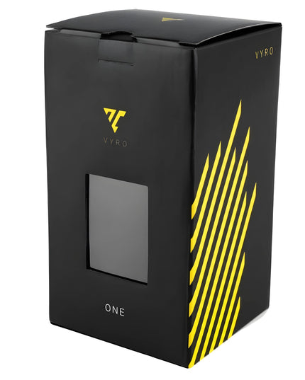 VYRO One V2 Forged Black shisha box packaging with yellow accents
